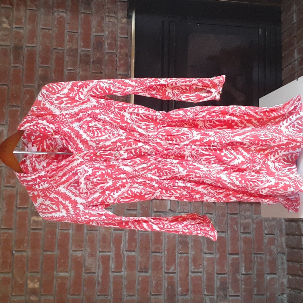 Lilly Pulitzer Coral and White Long-Sleeve Shirt Dress